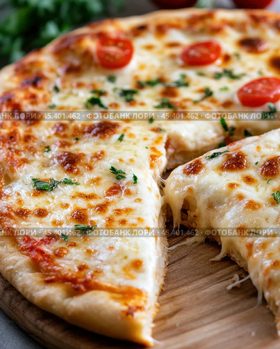 Крупный план сырной пиццы со свежими помидорами и зеленью. Стоковое AI-изображение, AI-художник ФотоИнтеллект / Фотобанк Лори