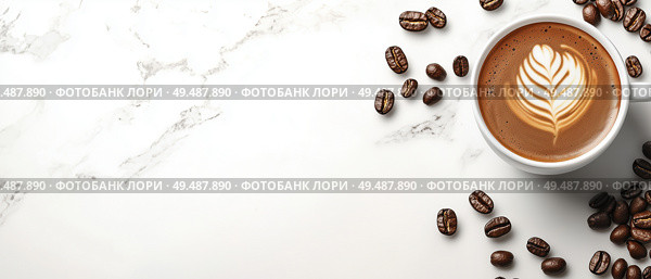 Кружка кофе с латте-арт и кофейными зёрнами на мраморном фоне. Стоковое AI-изображение, AI-художник Александр Жуков / Фотобанк Лори