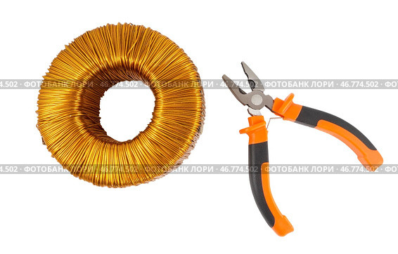 Кусочки и тороидальный трансформатор на белом фоне. Pliers and Voltage toroidal transformer on a white background. Стоковое фото, фотограф Татьяна Д / Фотобанк Лори