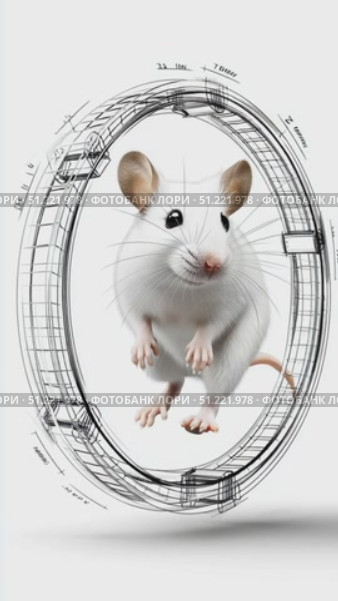Laboratory mouse running inside spinning wireframe wheel, symbolizing scientific research, healthcare progress, generating experimental energy on clean white background. Стоковое AI-видео, аниматор Юрий Поздников / Фотобанк Лори