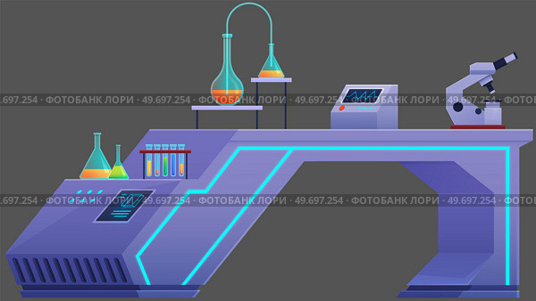 Laboratory workspace and workplace concept. Chemistry research lab interior with professional equipment for experiment, physics, biology. Science and technology development, biotechnology and analysis. Laboratory workspace and workplace. Chemistry research lab interior with professional equipment. Стоковая иллюстрация, агентство Ingram Publishing / Фотобанк Лори