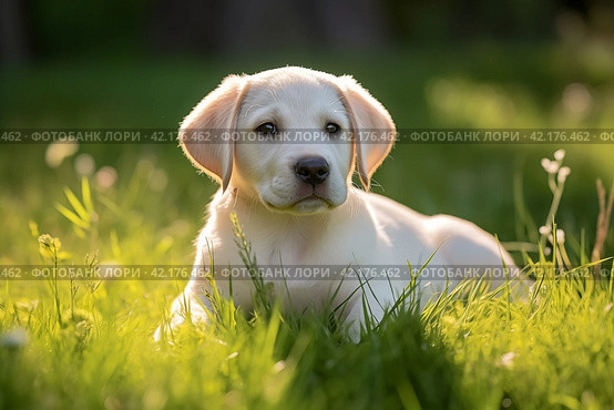 Labrador puppy in green grass. Стоковое AI-изображение, AI-художник Михаил Коханчиков / Фотобанк Лори