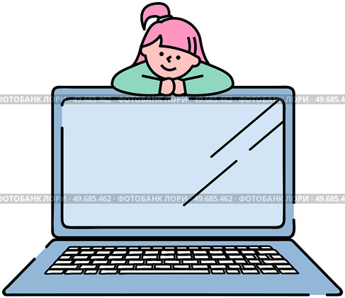 Lady on portable personal computer. Girl uses smart screen device with keyboard. Technology item, graphic device, laptop vector illustration. Woman on monitor of electronic equipment for work or study. Lady on portable personal computer. Girl uses smart screen electronic device with keyboard, laptop. Стоковая иллюстрация, агентство Ingram Publishing / Фотобанк Лори