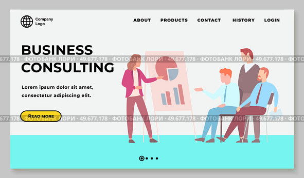 Lady standing next to flipchart with diagram and presents research results. Presentation board with statistical data. Business report showroom. Template of website for business consulting services. Template of website for business consulting services. Lady gives presentation of statistics to staff. Стоковая иллюстрация, агентство Ingram Publishing / Фотобанк Лори