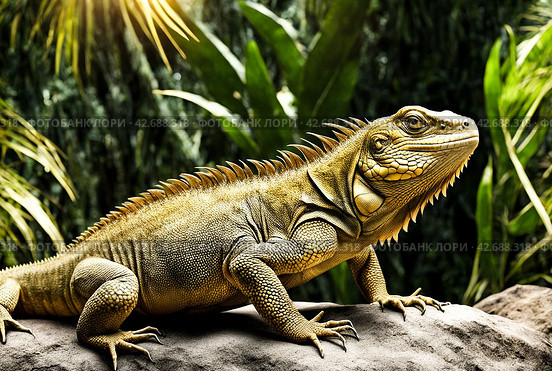 land iguana (Conolophus subcristatus) endemic to Galapagos islands. Lizards (Conolophus) in tropical animal world. Observation of wildlife area. Holiday adventure in Ecuador. Стоковое AI-изображение, AI-художник Aleksandr Golubev / Фотобанк Лори