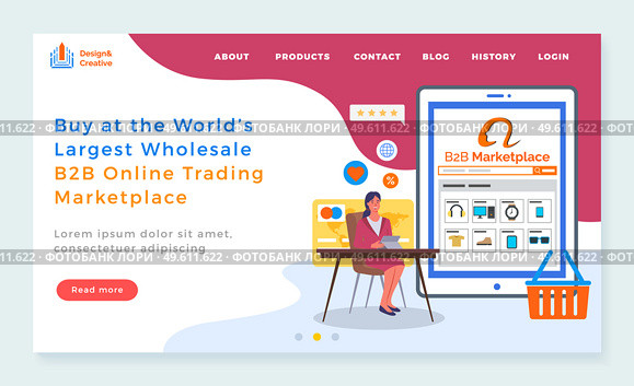 Landing page of website. Buy at world s largest wholesale b2b online trading marketplace. Online shop. Selling products at website. Electronic money, ratings, discount icons. Spending money in e-store. Landing page, buy at world s largest wholesale b2b online trading marketplace, online shop. Стоковая иллюстрация, агентство Ingram Publishing / Фотобанк Лори