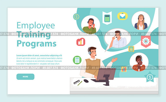 Landing page of website. Employee training programs. Educational programs for new workers. Consultants or operators of call center, hotline. Manager working with novice team using headset and computer. Landing page of website, employee training programs, educational programs for new operators. Стоковая иллюстрация, агентство Ingram Publishing / Фотобанк Лори