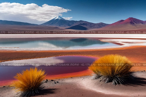 Landscape photo of Laguna Colorada lake with dry vegetation at Andes mountains background. Scenery view of Bolivia in natural wilderness. Bolivian nature landmarks concept. Copy ad text space, poster. Стоковое AI-изображение, AI-художник Aleksandr Golubev / Фотобанк Лори
