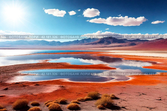 Landscape photo of Laguna Colorada lake with dry vegetation at Andes mountains background. Scenery view of Bolivia in natural wilderness. Bolivian nature landmarks concept. Copy ad text space, poster. Стоковое AI-изображение, AI-художник Aleksandr Golubev / Фотобанк Лори