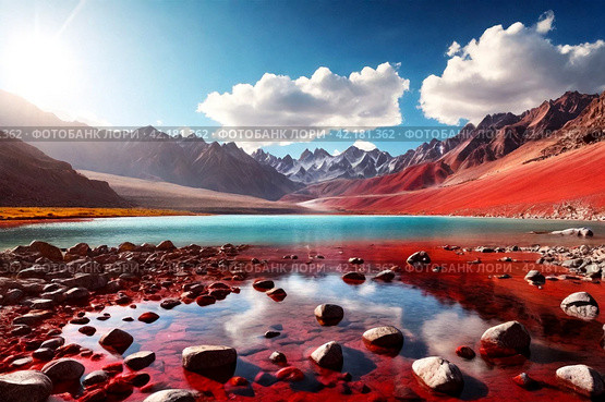 Landscape photo of Laguna Colorada red lake with rocks and geysers at Andes mountains. Scenery view of Bolivia in natural wilderness. Bolivian nature landmarks concept. Copy ad text space, backgrounds. Стоковое AI-изображение, AI-художник Aleksandr Golubev / Фотобанк Лори