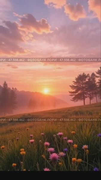Landscape with flowers] [in pink and orange tones] [with a rising sun over the forest] Стоковое AI-видео, аниматор Виталий Самсонов / Фотобанк Лори