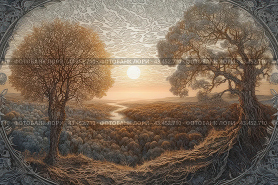 Landscape with two trees in the foreground, between which stretches a river, disappearing into the horizon. The sun sets behind the distant hills, lighting up the sky and creating a warm atmosphere. A forested area with dense trees takes up most of the image. The painting is framed with a decorative patterned frame adding an artistic element. Стоковое AI-изображение, AI-художник Анна Кривицкая / Фотобанк Лори