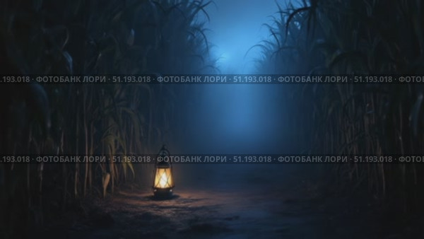 Lantern illuminating a misty cornfield path, creating an enchanting atmosphere of mystery. Стоковое AI-видео, аниматор Данил Руденко / Фотобанк Лори