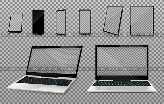 Laptop and smartphone mockups with transparent screens realistic set on transparent background isolated vector illustration. Laptop Smartphone Mockups Transparent Set. Стоковая иллюстрация, агентство Ingram Publishing / Фотобанк Лори