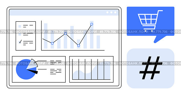 Laptop screen displaying various data charts and graphs with a shopping cart icon and metadata tag symbol. Ideal for marketing, e-commerce, social media, business analysis, data visualization, market. Digital marketing analytics featuring charts, shopping cart icon, and metadata tag symbol for modern business insights. Стоковая иллюстрация, агентство Ingram Publishing / Фотобанк Лори