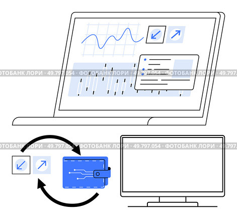 Laptop showing financial charts, electronic wallet with data transfer arrows, and a desktop monitor. Key themes digital finance, cryptocurrency, online transactions, data analysis, fintech, virtual. Laptop Displaying Financial Data with Electronic Wallet and Desktop Monitor for Cryptocurrency Transactions. Стоковая иллюстрация, агентство Ingram Publishing / Фотобанк Лори