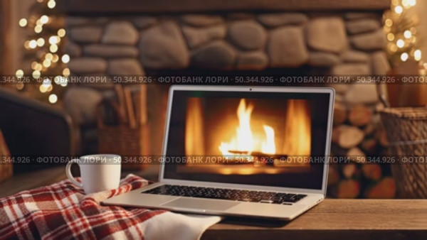 Laptop with a white screen mock up, indoor near burning fireplace in rustic style, with cozy blanket and cup of coffee. Seasonal remote work, internet, shopping. AI generated. Стоковое AI-видео, аниматор Ольга Симонова / Фотобанк Лори