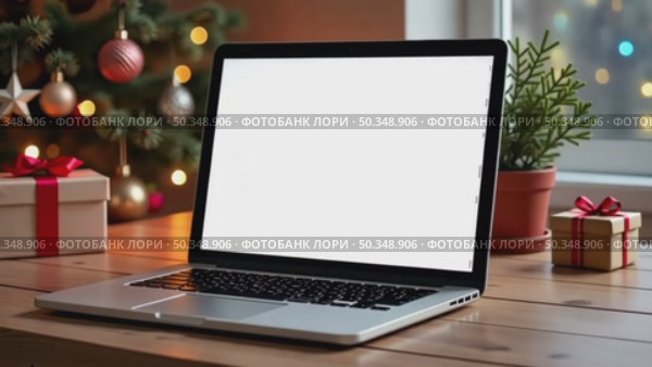 Laptop with a white screen mock up on table against background of Christmas decor of the cozy room with a Christmas tree, fairy lights. AI generated. Стоковое AI-видео, аниматор Ольга Симонова / Фотобанк Лори