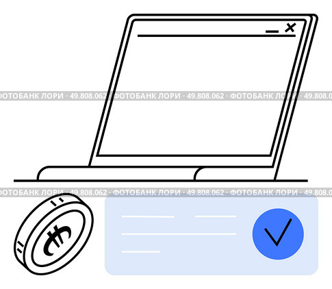Laptop with an open browser window. Cryptocurrency coin with an symbol, verification checkmark in blue circle. Ideal for finance, technology, security, online transactions, cryptocurrencies, digital. Cryptocurrency transaction confirmation on laptop screen with coin and verification checkmark. Стоковая иллюстрация, агентство Ingram Publishing / Фотобанк Лори