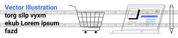 Laptop with open internet browser, shopping cart, and stylus pen. Ideal for e-commerce, online shopping, digital marketing, web design, retail, technology trends. Banner for landing page. Online Shopping Concept with Laptop Screen, Shopping Cart, and Stylus Pen. Стоковая иллюстрация, агентство Ingram Publishing / Фотобанк Лори