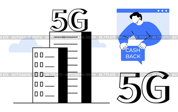 Large 5G symbol on buildings with a person holding cashback sign. Ideal for modern technology, mobile networks, urban development, financial benefits, and tech advancements. Simple vector style. 5G Technology and Cashback Promotion for Enhanced Mobile Connectivity and Financial Benefits. Стоковая иллюстрация, агентство Ingram Publishing / Фотобанк Лори