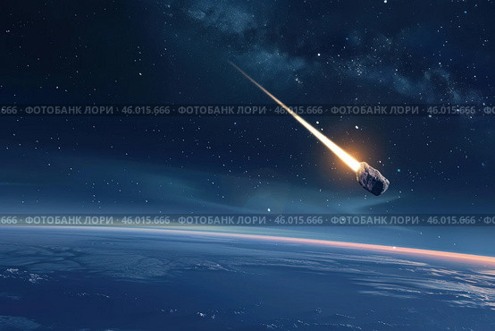 Large asteroid entering planet atmosphere with milky way galaxy. Стоковое AI-изображение, AI-художник Иван Рябоконь / Фотобанк Лори