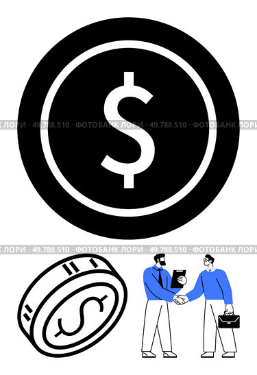 Large black dollar symbol, three coins, two business people shaking hands in blue attire holding documents. Ideal for finance, investment, partnership, stock market, contracts, economy business. Business partnership agreement with dollar symbols and coins representing financial dealings and success. Стоковая иллюстрация, агентство Ingram Publishing / Фотобанк Лори