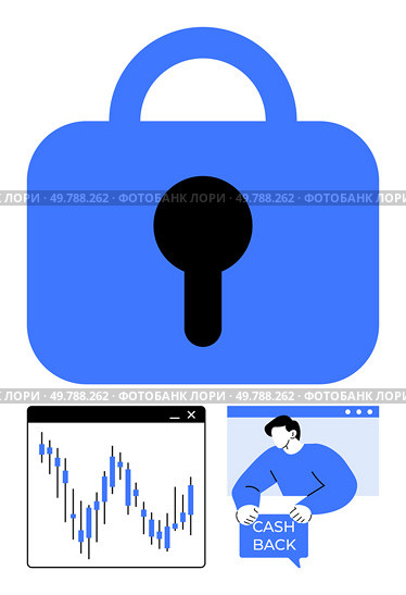 Large blue lock for security emphasis, graph depicting financial analysis, person presenting cashback offer. Ideal for finance, online security, investments, rewards, banking, technology savings. Data Security with Financial Analysis and Cashback Benefits for Boosting Online Financial Safety. Стоковая иллюстрация, агентство Ingram Publishing / Фотобанк Лори