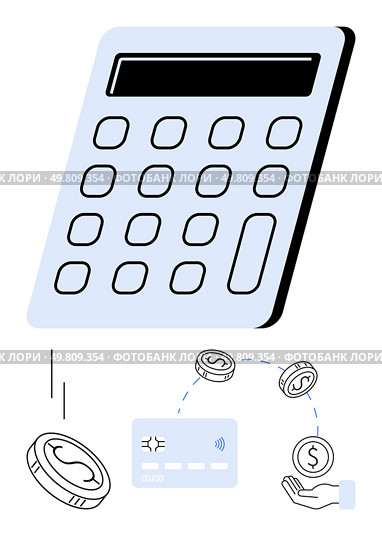 Large calculator above coins, credit card, and hand. Ideal for finance management, accounting, budgeting, financial planning, banking calculations and digital transactions themes. Line metaphor. Large calculator with coins, credit card, and hand depicting financial management and calculations. Стоковая иллюстрация, агентство Ingram Publishing / Фотобанк Лори