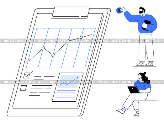 Large clipboard with upward-trending growth chart, one person holding document, another using laptop. Ideal for business, finance, presentations, reporting, strategy planning, success forecasting. Business professionals analyzing financial growth chart with progress line and charted data. Стоковая иллюстрация, агентство Ingram Publishing / Фотобанк Лори