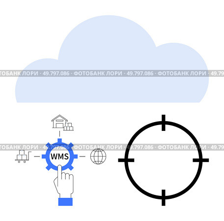 Large cloud icon with a WMS gear icon, warehouse, globe, and shipping elements. Target scope symbolizes precision. Ideal for supply chain, logistics, warehouse management, cloud solutions. Warehouse Management System with Cloud Integration and Precision Targeting for Supply Chain Efficiency. Стоковая иллюстрация, агентство Ingram Publishing / Фотобанк Лори