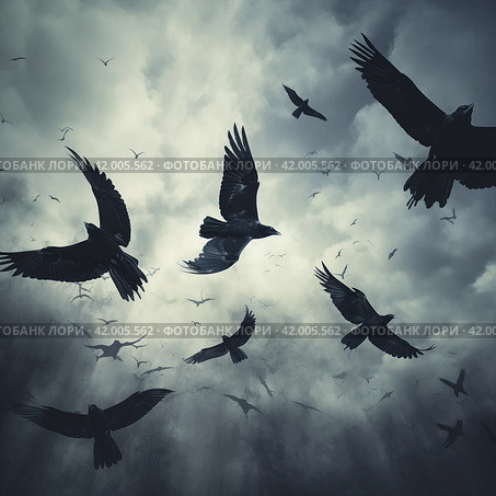 large flock of crows. Стоковое AI-изображение, AI-художник Михаил Коханчиков / Фотобанк Лори