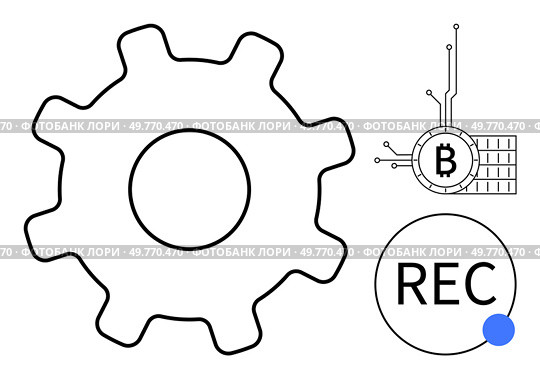 Large gear symbolizes technology and mechanics. Bitcoin symbol connected to circuit represents cryptocurrency. REC button signifies recording or data capture. Ideal for concepts like technology. Gear, Bitcoin Symbol, and REC Button Representing Technology and Cryptocurrency Themes. Стоковая иллюстрация, агентство Ingram Publishing / Фотобанк Лори