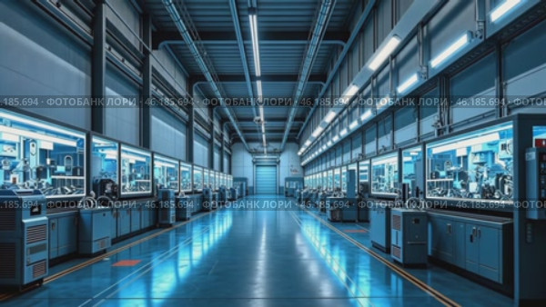 Large industrial building with a blue floor and blue lights. Стоковое AI-видео, аниматор Sergey Grishin / Фотобанк Лори