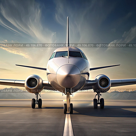 Large Jetliner on Airport Tarmac. Generative AI. Стоковое AI-изображение, AI-художник Roman Zavorotny / Фотобанк Лори