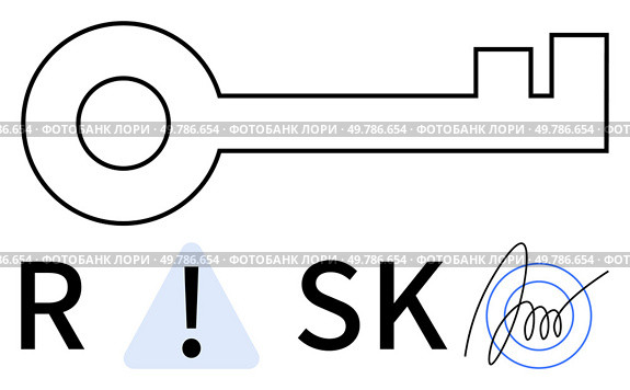 Large key icon, highlighted caution triangle, word RISK with signature mark. Ideal for security, risk management, safety protocols, decision-making, cautionary advice, business strategies protective. Key Outline with Safety Warning Symbol Highlighting Concept of Risk Management and Caution. Стоковая иллюстрация, агентство Ingram Publishing / Фотобанк Лори