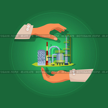 Large many stored factory on green background vector illustration. Producing and recycling goods in every area. At circle two hands present new plant. Insurance concept to take care in flat style. Large Many Stored Factory on Green Background. Стоковая иллюстрация, агентство Ingram Publishing / Фотобанк Лори