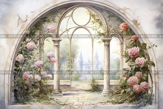 Large oval windows overlooked a garden with roses, watercolor style, Generative AI. Стоковое AI-изображение, AI-художник Анна Кривицкая / Фотобанк Лори