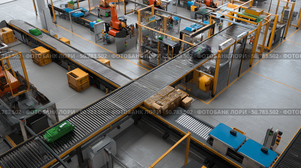 Large Production Line with Industrial Robot Arms at Modern Bright Factory. Smart factory interior with conveyor belts and autonomous machines. Automated Manufacturing Facility. Стоковое AI-изображение, AI-художник ALLA YURTAYEVA / Фотобанк Лори