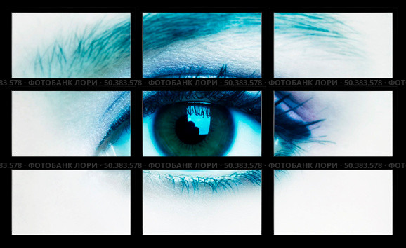 Large tv panel compound by a lot of screens displaying a female eye. Стоковое фото, агентство Ingram Publishing / Фотобанк Лори
