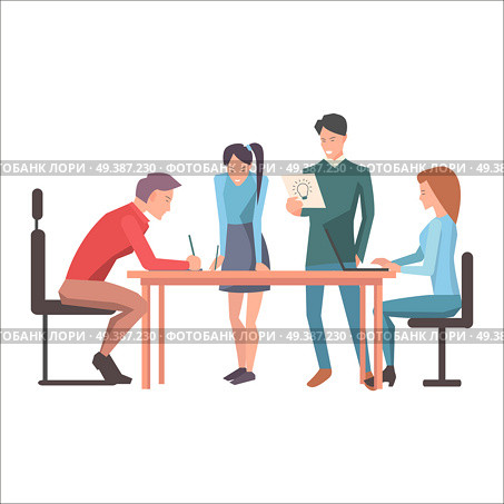 Launching of new idea in startup flat design isolated on white. Worker pondering on creation of new concept of company. Managers standing and two guys sitting at desk. Vector illustration web banner.. Launching of New Idea in Startups Flat Design. Стоковая иллюстрация, агентство Ingram Publishing / Фотобанк Лори