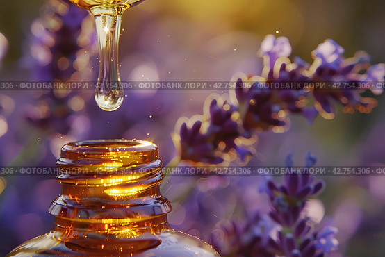 Lavender essential oil pouring from dropped into an amber bottle against a lavender flowers. Dropper filled herbal oil is pouring against blooming field, close-up. Health care, relaxation. Spa massage. Стоковое AI-изображение, AI-художник Марина Демидюк / Фотобанк Лори