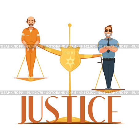 Law Justice Retro Cartoon Composition Poster. Law jurisdictions and scale of justice symbolic composition with convict and police officer retro cartoon vector illustration . Стоковая иллюстрация, агентство Ingram Publishing / Фотобанк Лори