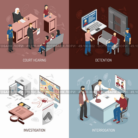 Law System Isometric Concept. Law system isometric concept with arrest of criminals court hearing investigation interrogation isolated vector illustration . Стоковая иллюстрация, агентство Ingram Publishing / Фотобанк Лори