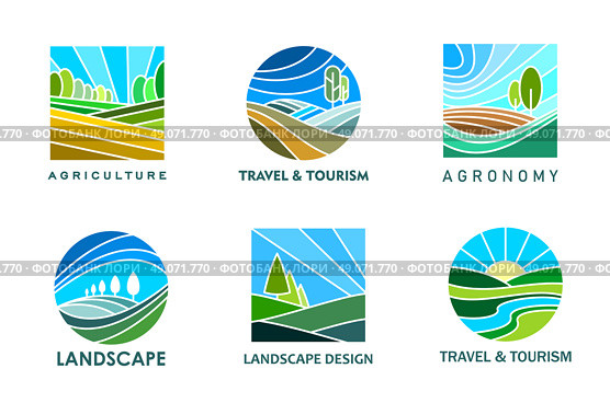 Lawn farm landscape icons, agriculture or travel. Стоковая иллюстрация, иллюстратор VectorTradition / Фотобанк Лори