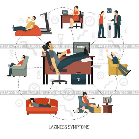 Laziness Symptoms Infographics. Infographics with flowchart of laziness symptoms including people at work and in armchair at home vector illustration   . Стоковая иллюстрация, агентство Ingram Publishing / Фотобанк Лори