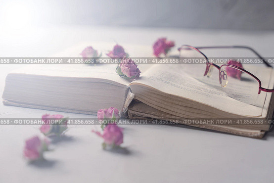Ld open book, reading glasses and dry flowers on the table. Стоковое фото, фотограф Валерий Леонидович / Фотобанк Лори