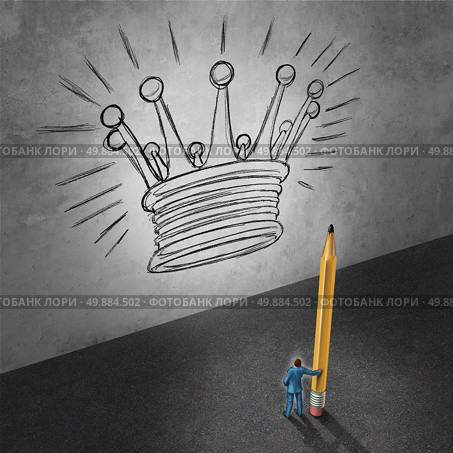 Leadership development concept as a businessman holding a giant pencil looking at a wall with a drawing of a king crown as a success metaphor foe achieving management goals. Стоковое фото, агентство Ingram Publishing / Фотобанк Лори