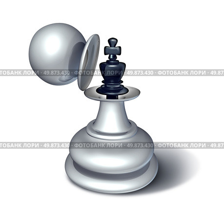 Leadership potential and emerging business confidence with a chess game king figurine revealed inside a large pawn figure disguise as a concept for planning a strategy of successful management on white. Стоковое фото, агентство Ingram Publishing / Фотобанк Лори