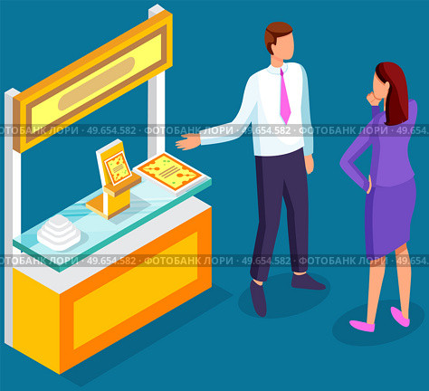 Leaflets, flyers distribution near presentation stand. Leafleting, advertising campaign. Male distributor advertises something to customer. Pomoter giving advertisement, announcement to woman. Leaflets distribution near presentation stand. Pomoter giving advertisement, announcement to woman. Стоковая иллюстрация, агентство Ingram Publishing / Фотобанк Лори